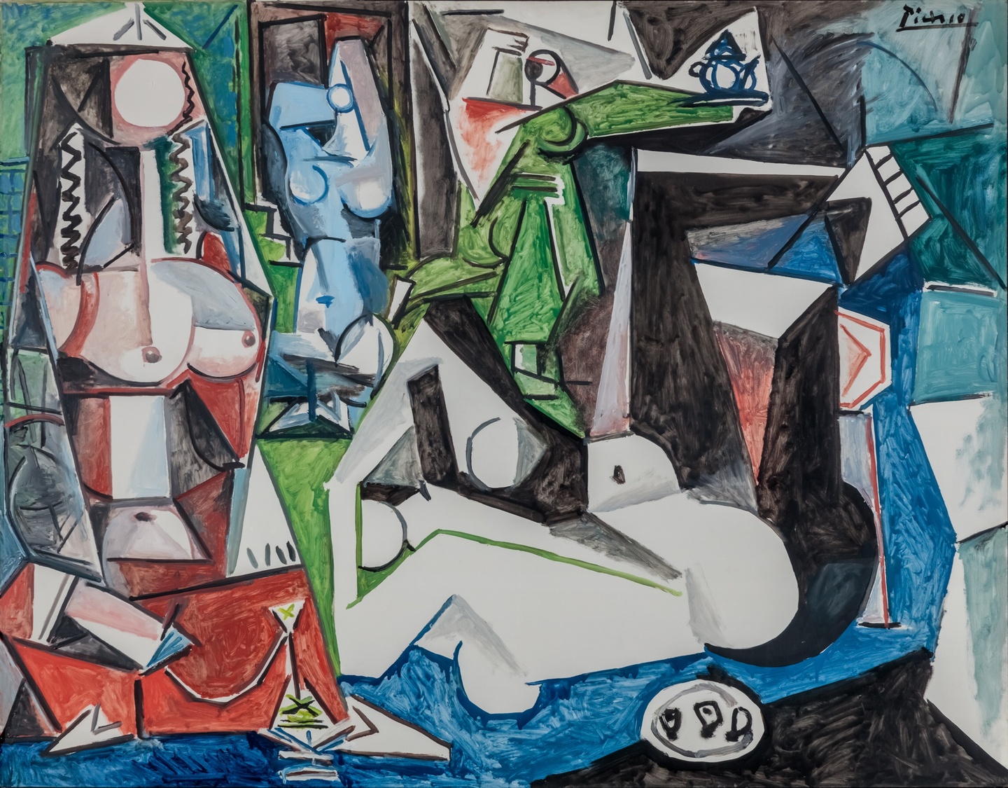 Bodies in various positions, broken up into fragments and depicted in red, blue, green, white, and black planes
