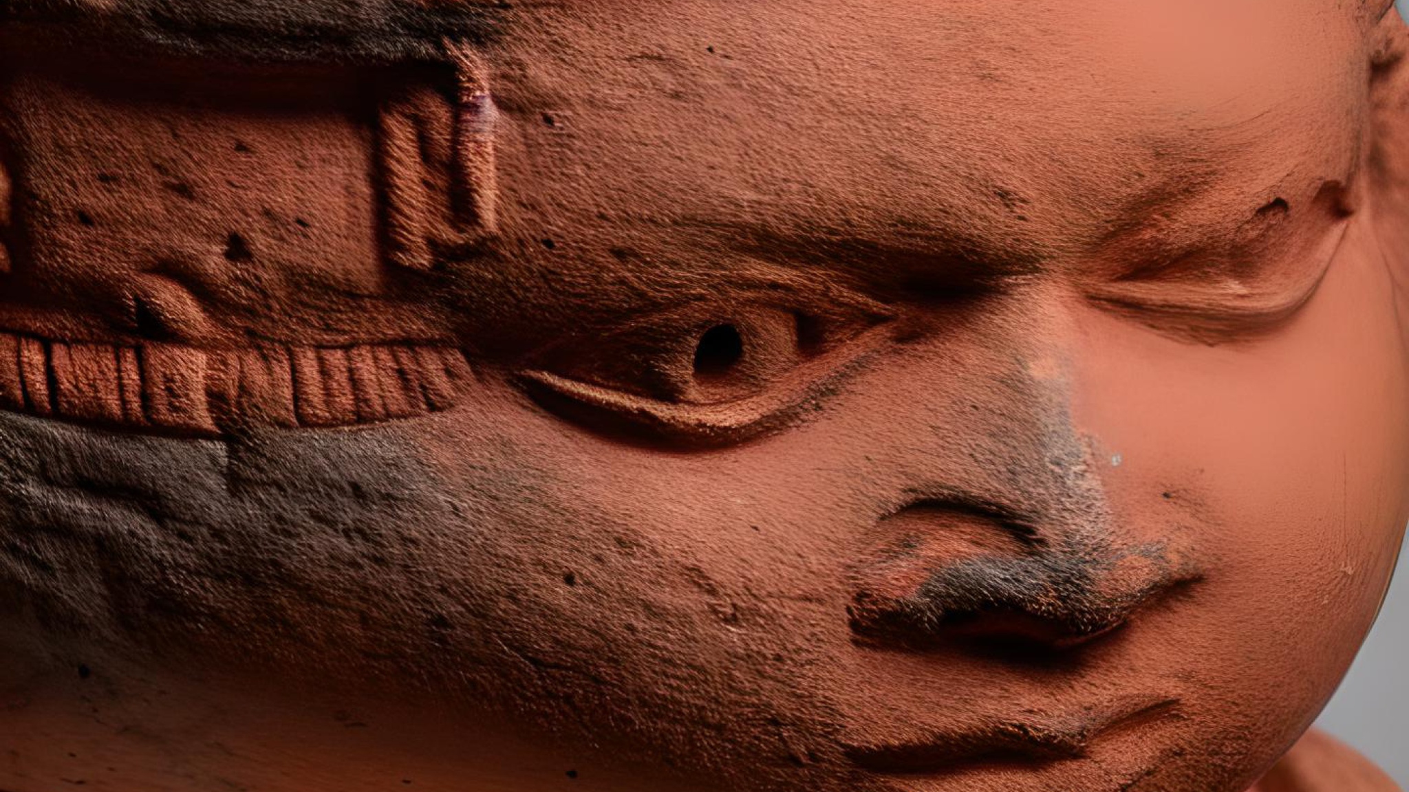 An AI-generated close up view of a sculpture showing a human face in what appears to be a terracotta material. The sculpture appears to be weathered a grayish brown color in patches. 