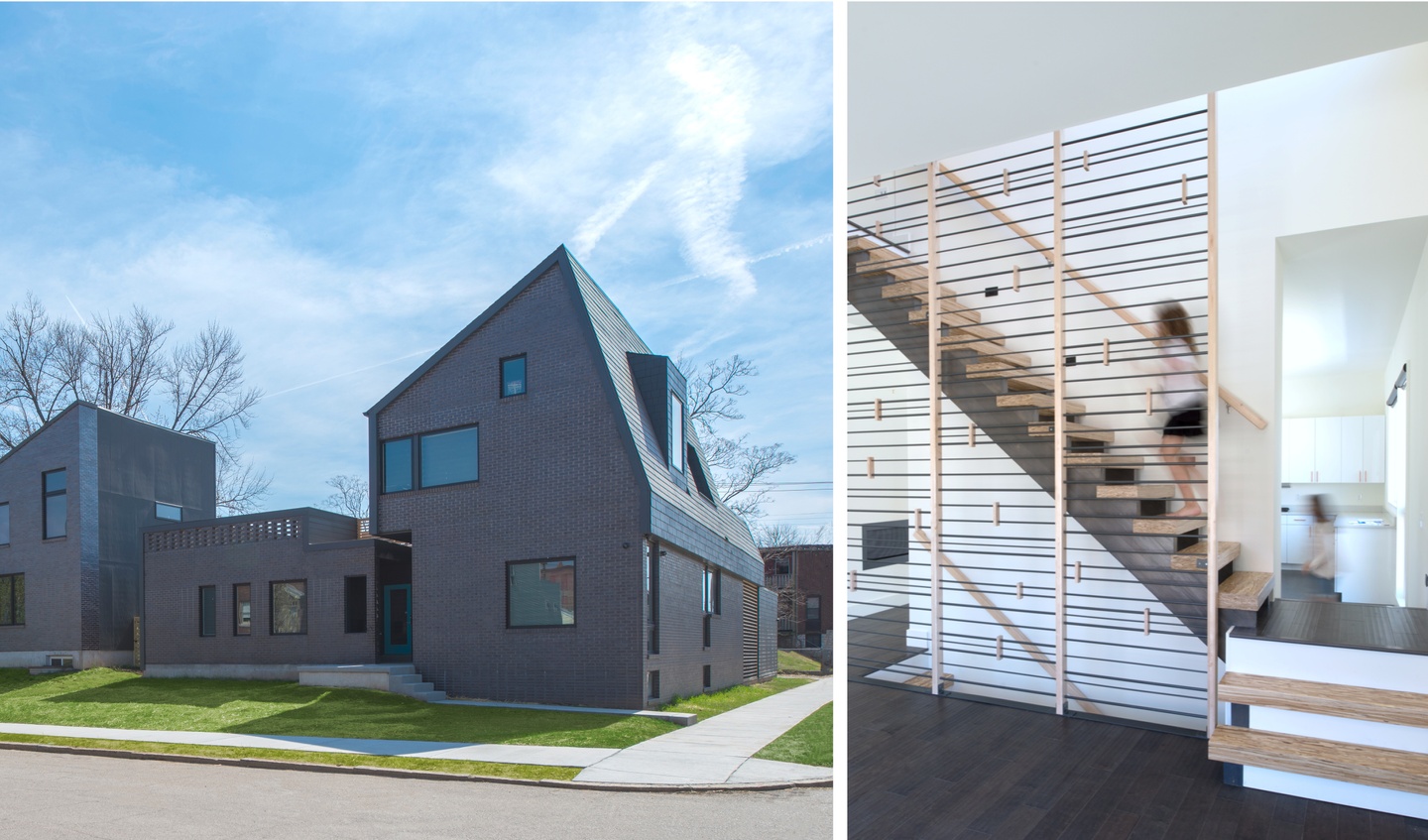 An exterior image of entry and interior image of stair of a built house