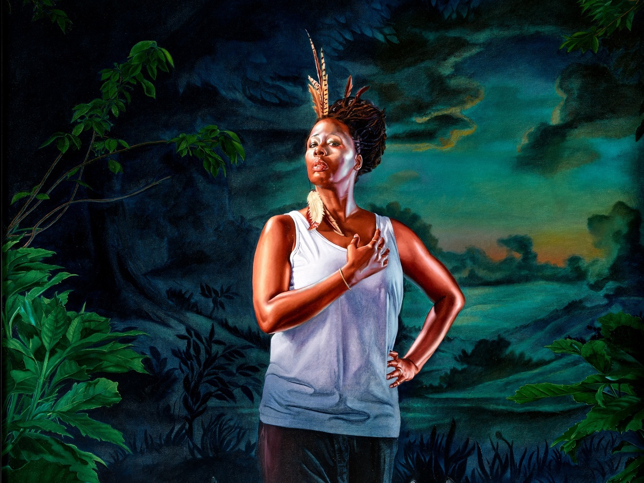 A painting of a standing dark-skinned woman in front of a background of a dark, dramatic sty