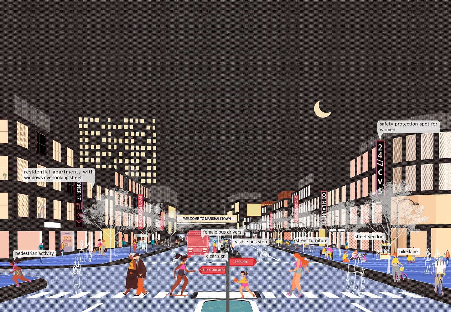 A flat illustration of night-time Marshalltown. Pedestrians are crossing on the zebra-crossing and there are buildings on either side of the street