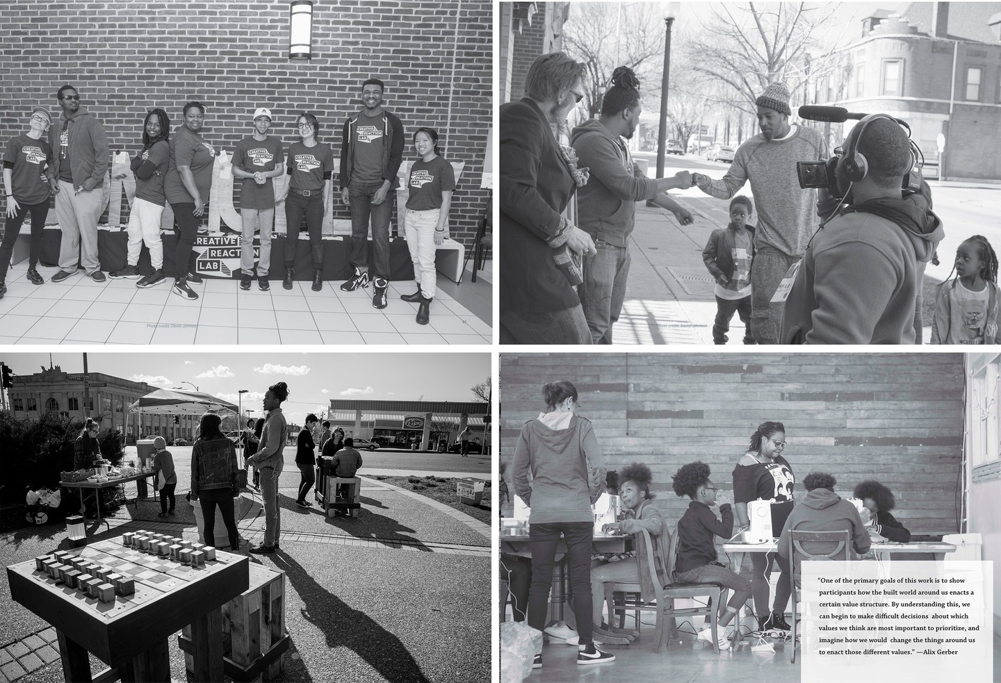 Collage of four photos showing a group of people posing together, on-site in two areas of the community, and sitting at tables working collaboratively.