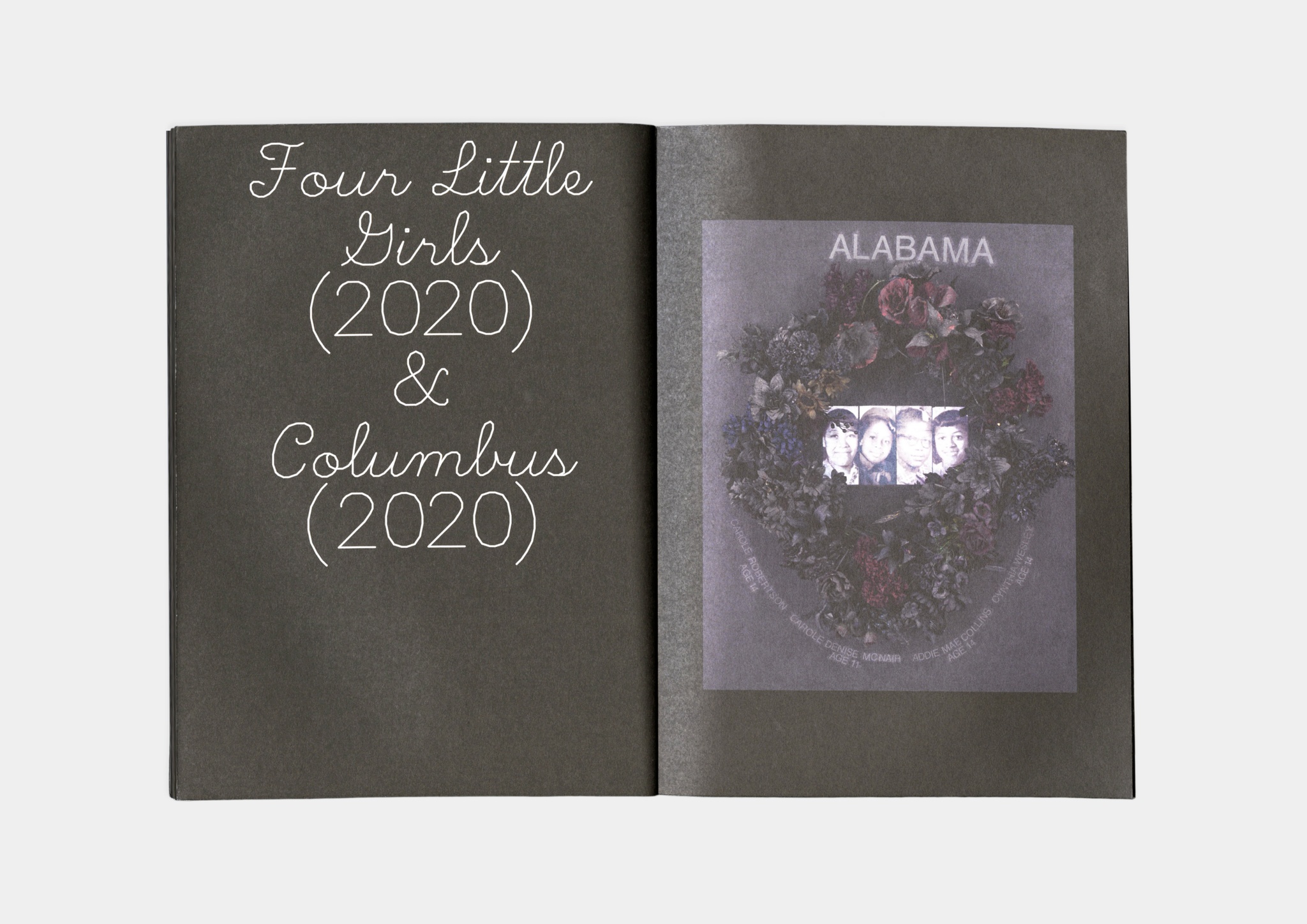 A spread of the catalogue "Howardena Pindell: Rope/Fire/Water" with black pages. On the left is text in script with the names of two artworks by Pindell. On the right is a detail image of one of those works, a close-up of a black funereal wreath around a row of photos of four little girls. 