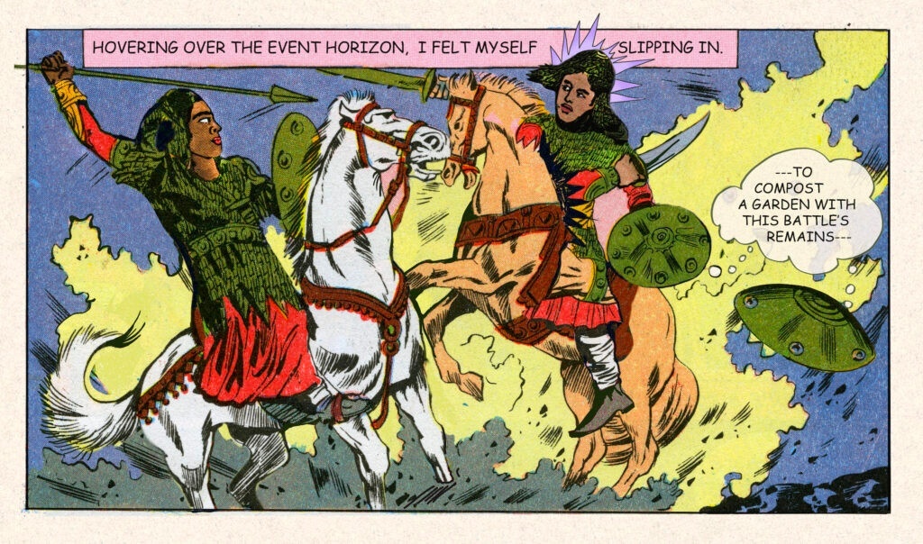 Comic panel featuring two individuals riding horses and battling one another with spears and hand shields.