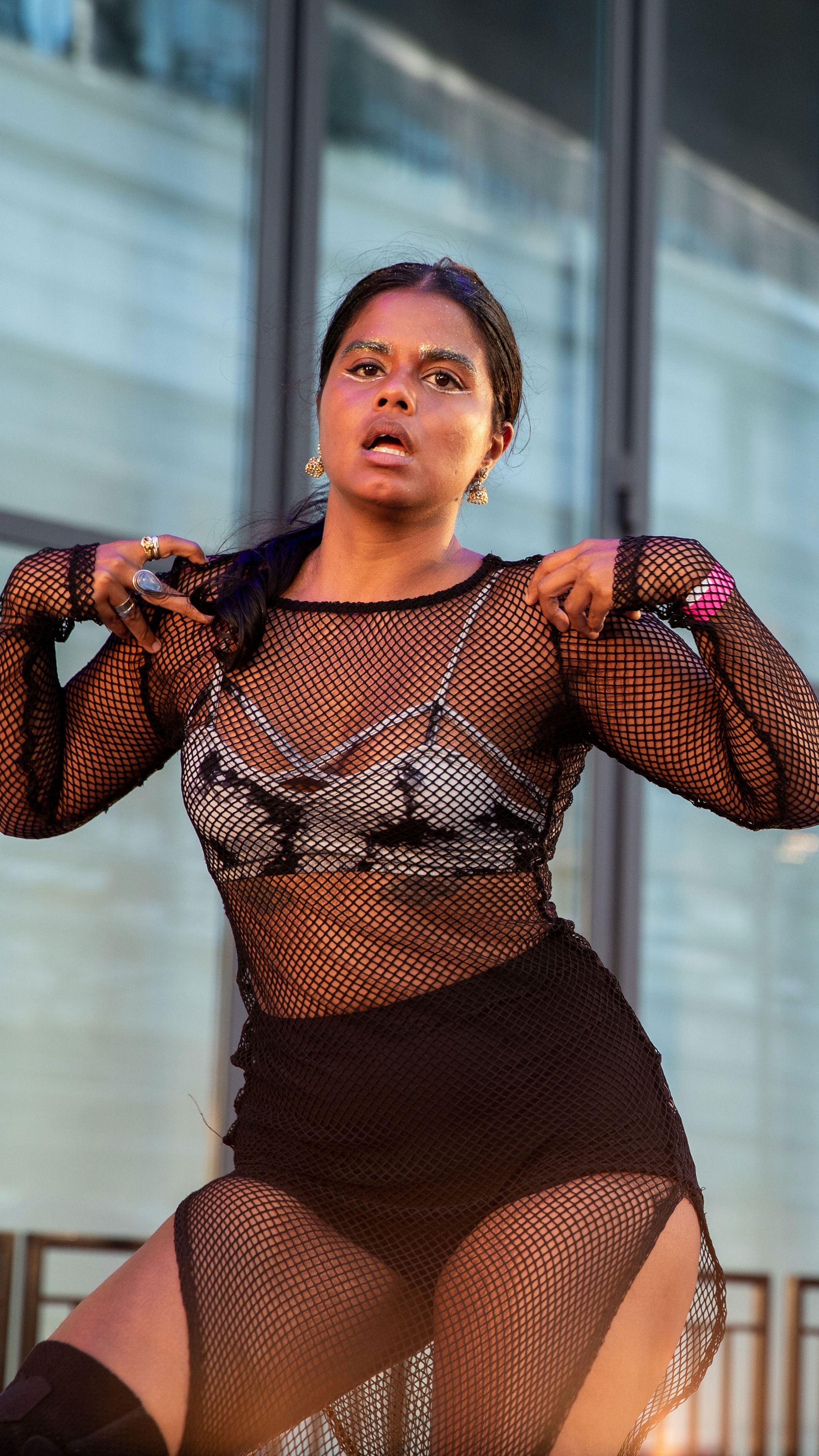 Woman dancing on a stage in fishnet dress.
