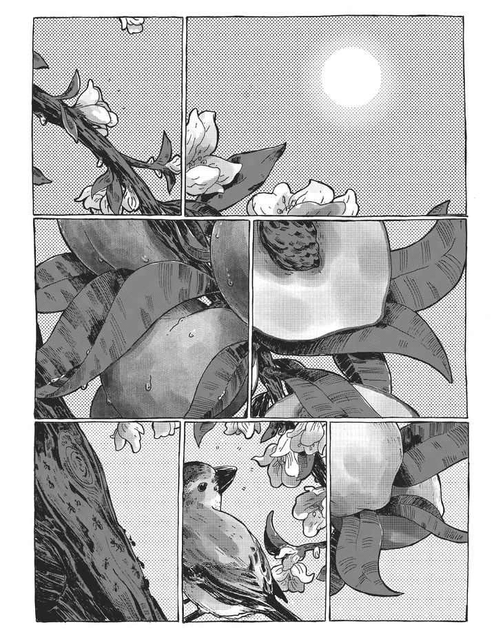 Single panel black and white comic showing a fragmented view of a branch on a peach tree with blossoms, fruit, and a bird.