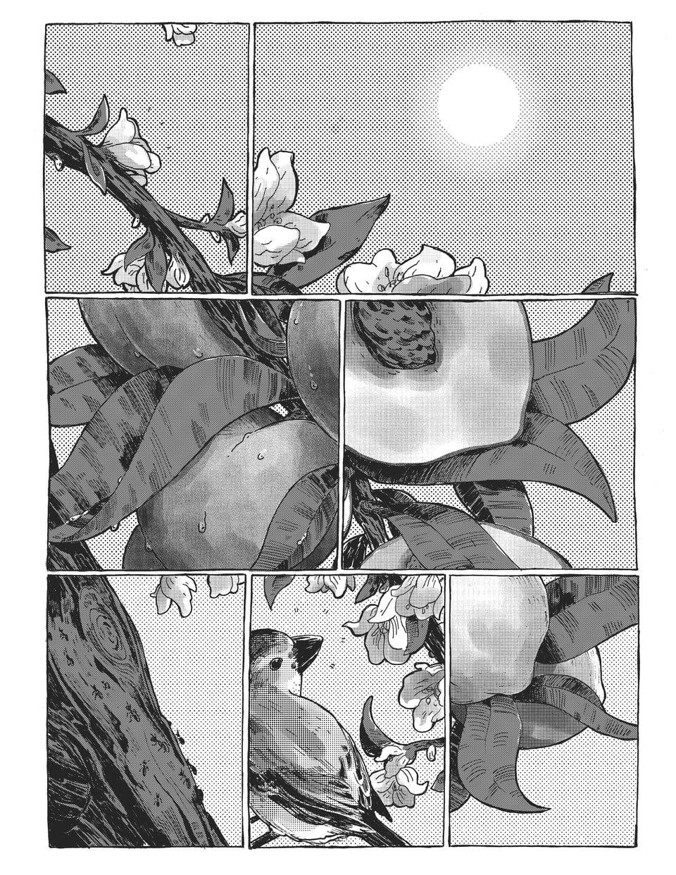 Single panel black and white comic showing a fragmented view of a branch on a peach tree with blossoms, fruit, and a bird.