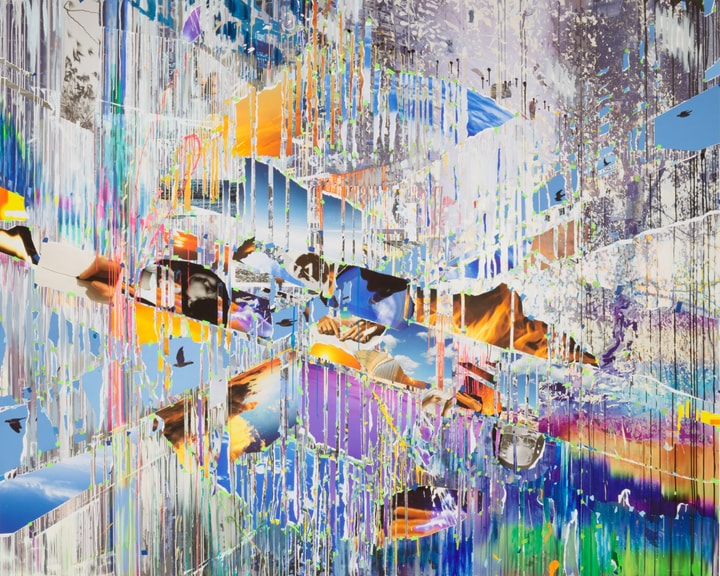 abstract painting with bright colors that looks like a collage, horizontal and vertical lines, pieces that look like images of hands