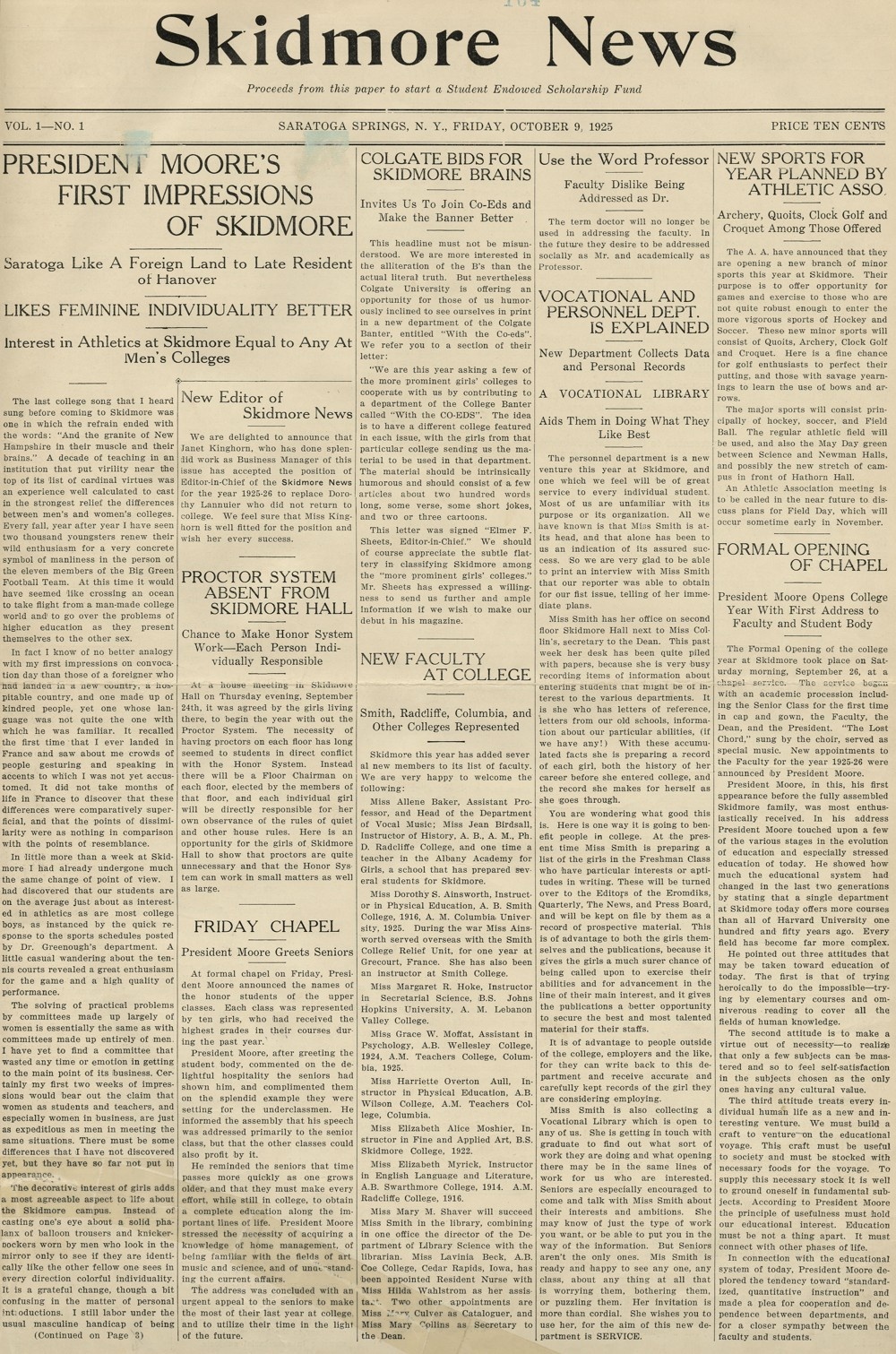The yellowed front page of a Skidmore News issue features several articles with larger titles and small print text divided into five columns.  