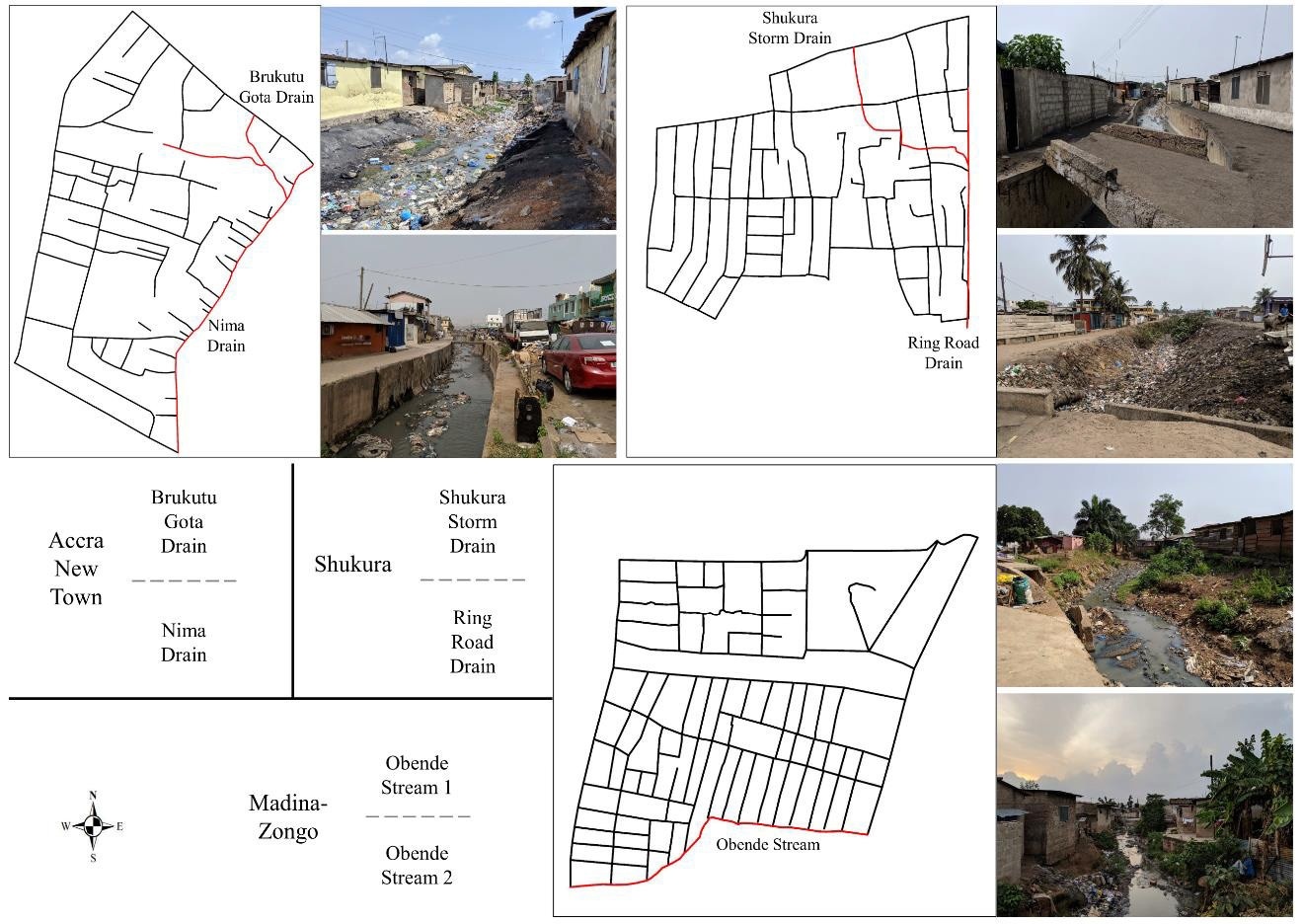 Compilation image of maps plus photos showing major drainage in Accra New Town, Shukura, and Madina-Zongo.