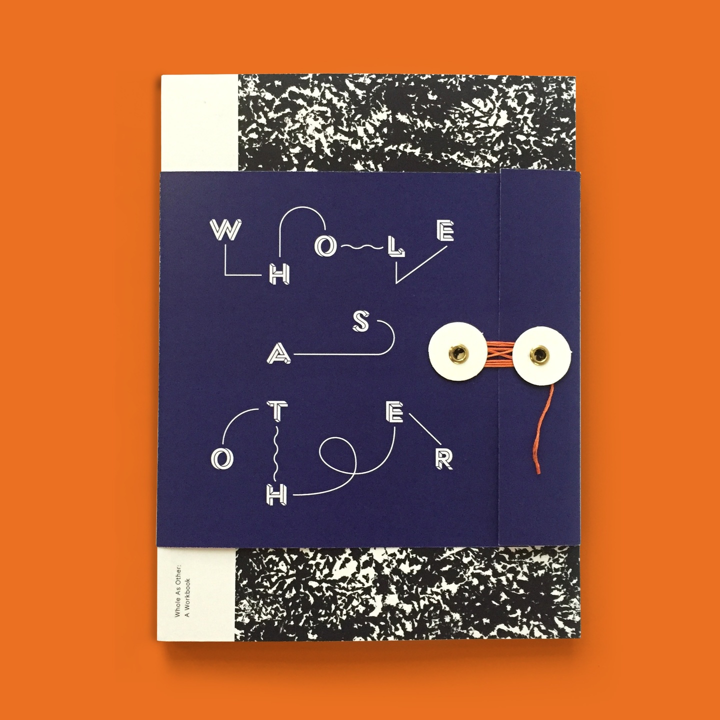 Sketchbook with navy closure with text jumbled with lines and curves between reading whole as other. Closure is white eyelets with orange bound string. Piece set on an orange background.