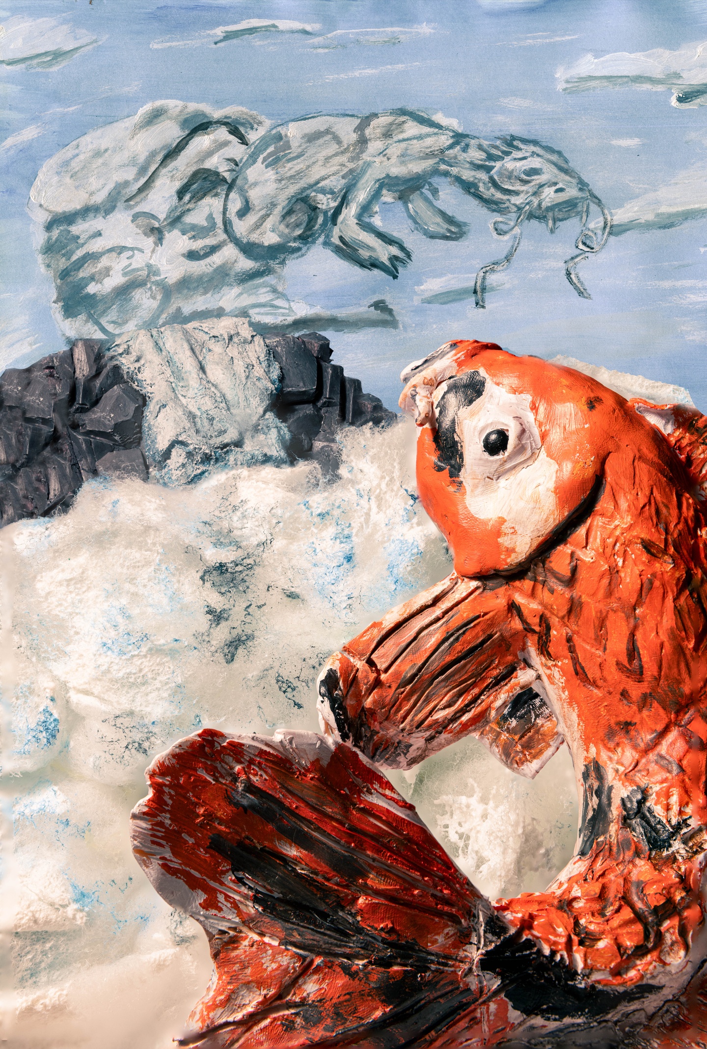 A goldfish looks back at a strange blue creature in the distance.