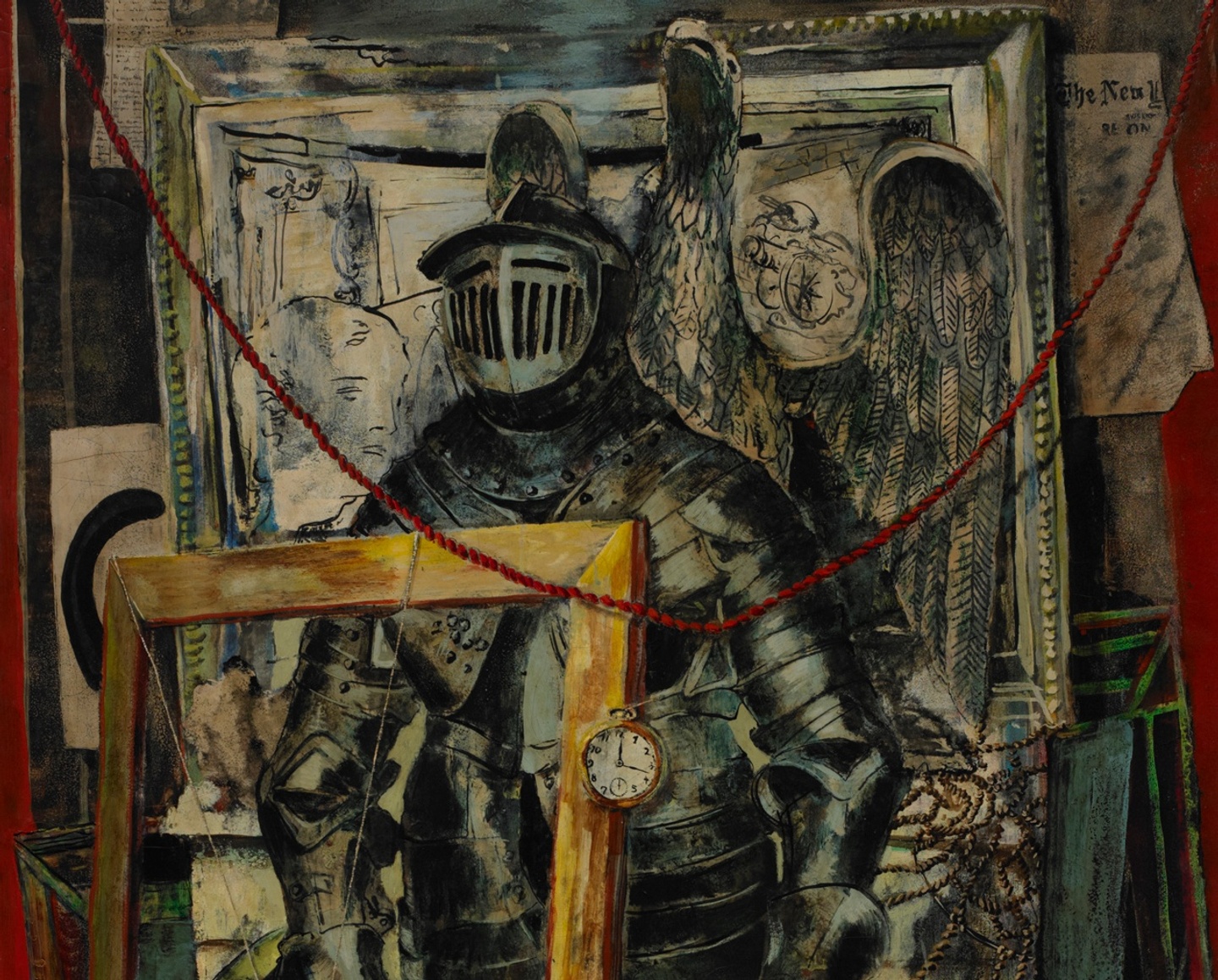 A suit of armour, eagle sculpture, gold picture frame, pocket watch, and other objects