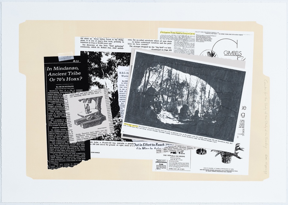a trompe l'oiel print with images of photocopies and other news clippings laying in an open manila folder