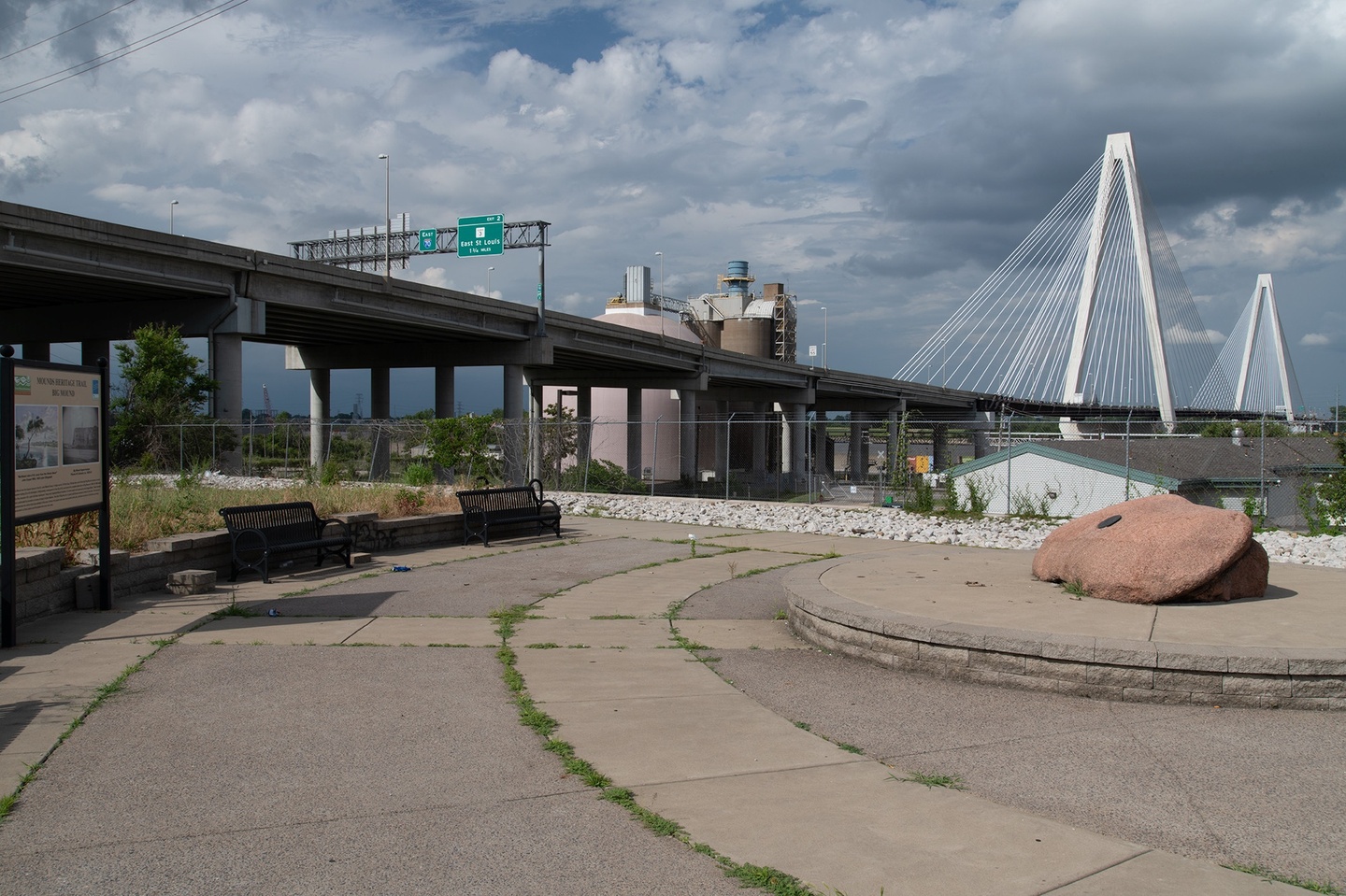 Outdoor photo in the St. Louis area, looking at an overpass to the Stan Musial Veterans Memorial Bridge