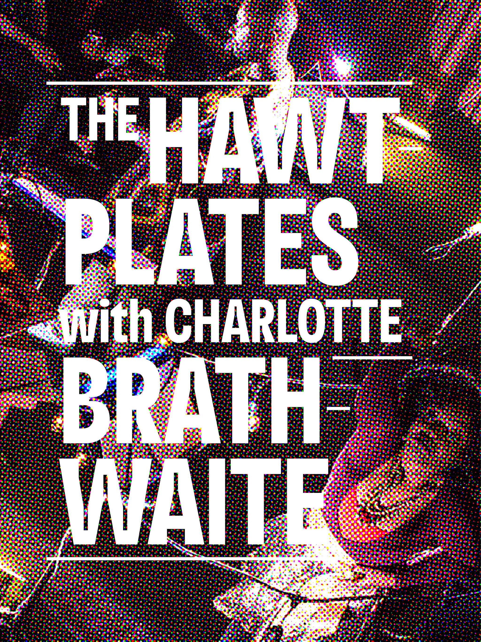 An aerial photo of three musicians performing in a domestic interior surrounded by audience members with the words The HawtPlates with Charlotte Brathwaite superimposed in white on the image