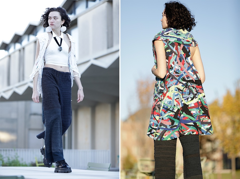 Two-panel image of a woman modeling fashion designs. At left, a woman models slouchy black pants, a white belly shirt, a white vest with self-tasseling, and a black ribbon necklace with a silver pendant in front of a contemporary building with a dramatic, folded plate roofline. At right, a woman stands with her back to the camera against a hazy blue sky, modeling black pants and an A-line tunic in a multi-colored, confetti-patterned fabric.