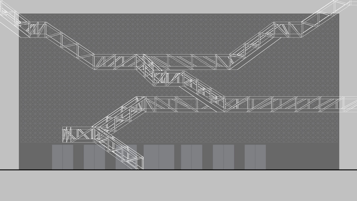 Drawing of the structural supports on the staircase and the digital wall behind it. 