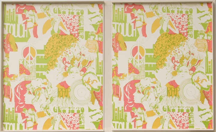 Interior of portfolio box displaying green, yellow, and pink printed shapes reminiscent of 1970s wallpaper