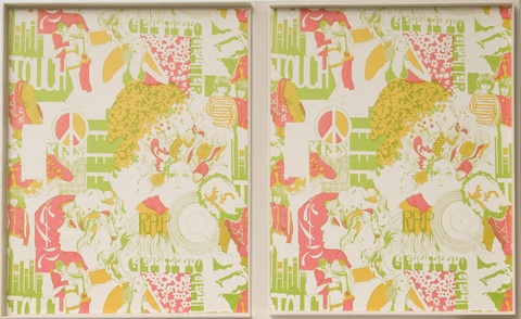 Interior of portfolio box displaying green, yellow, and pink printed shapes reminiscent of 1970s wallpaper