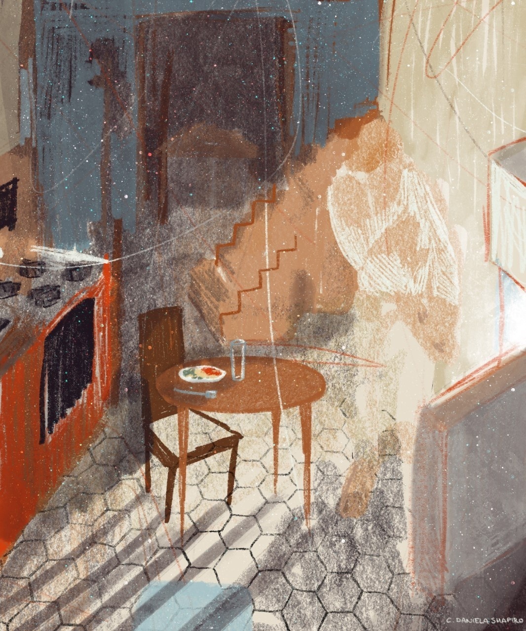Abstract painting of a kitchen with a stove, table and one chair