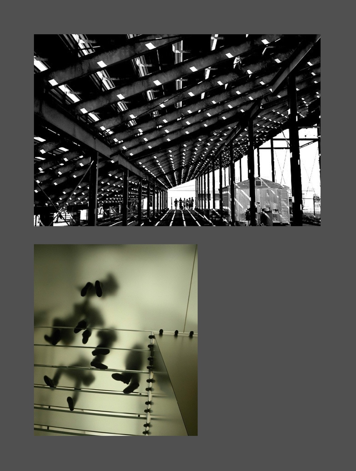 Moodboard of underview of bleachers at a sports stadium, and the view from below of people standing on a frosted glass structure