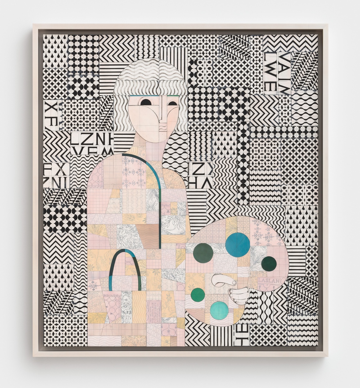 A painting of an abstract figure holding a palette, formed from a grid of pastel shapes against a black and white geometric background.
