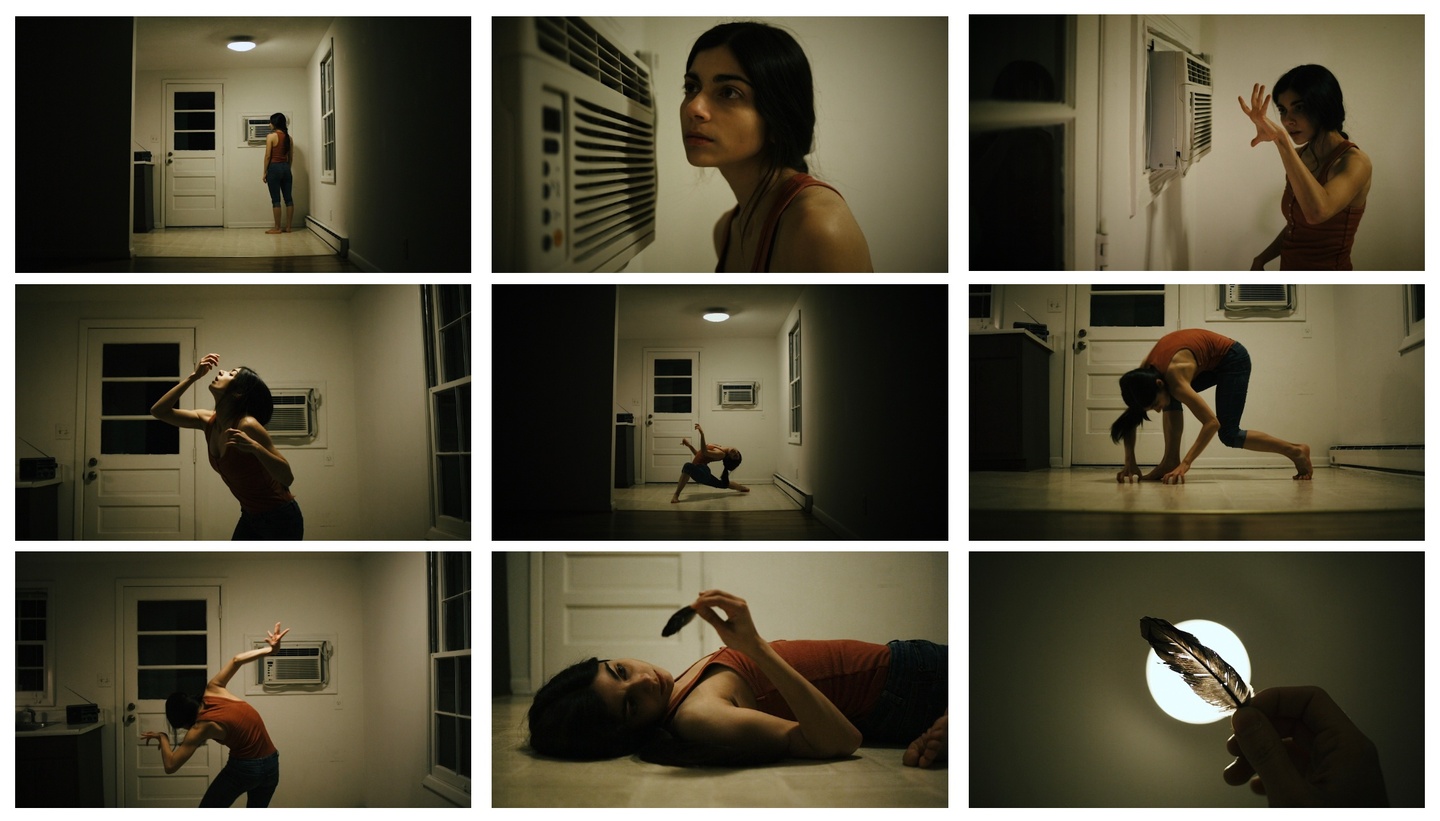 9 panels of video stills of a dancer in various poses in a bare kitchen 