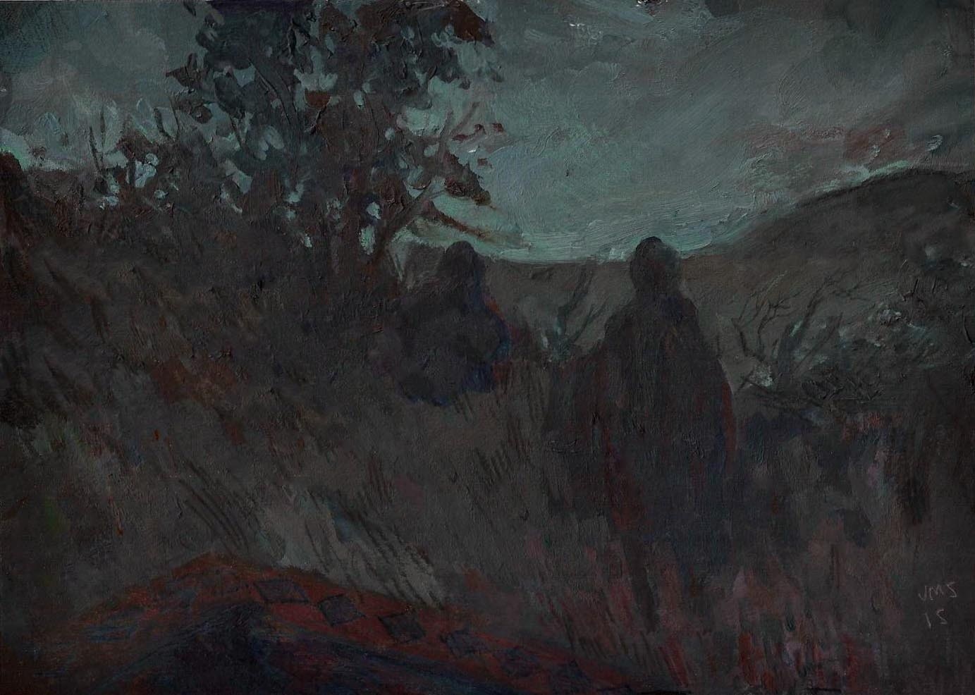Two shadowy figures standing in a landscape, all dark and stormy.