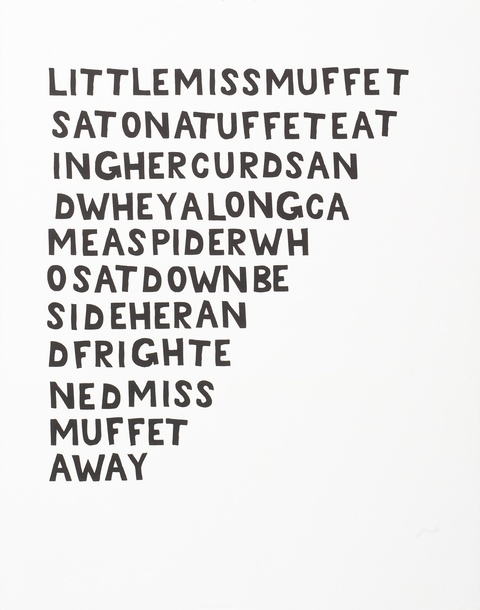 Image of black screen printed text on white paper spelling out the words to the nursery rhyme "Little Miss Muffet"