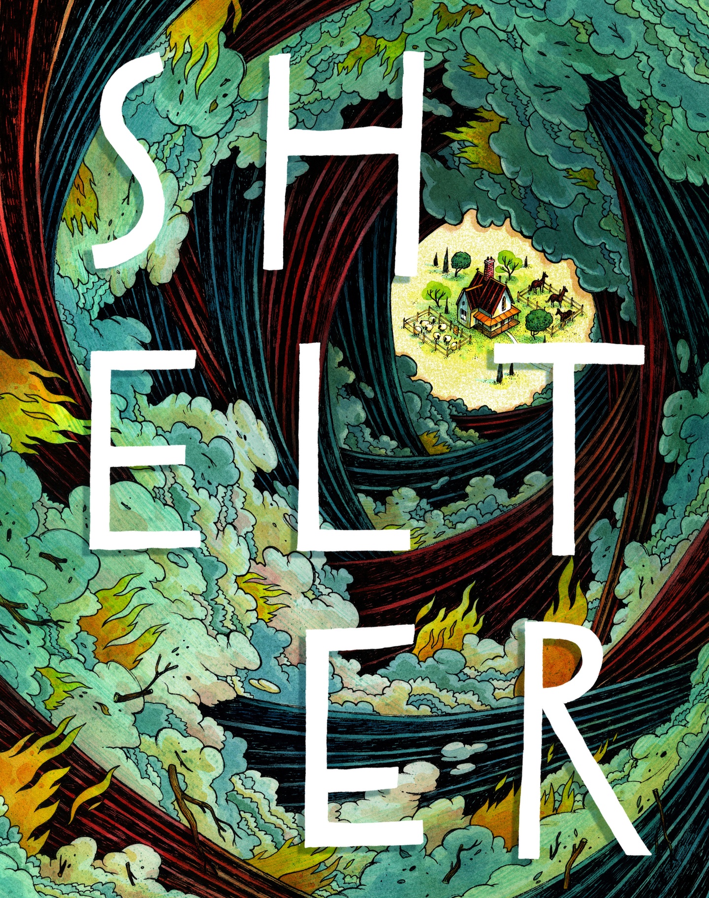 An illustration: the word "SHELTER" hand-lettered in a large font in the center of the illustration; slight shadows behind the letterforms are cast onto a dynamic composition that swirls in waves, teeming with foliage and flames, framing a small drawing of a house with two pens in the center/upper-right area.