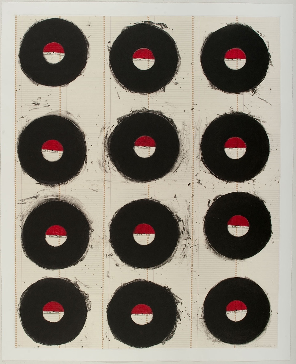 Print with 12 vinyl record shapes arranged in 3 columns. The center of the vinyl has a circle split horizontally in red and white
