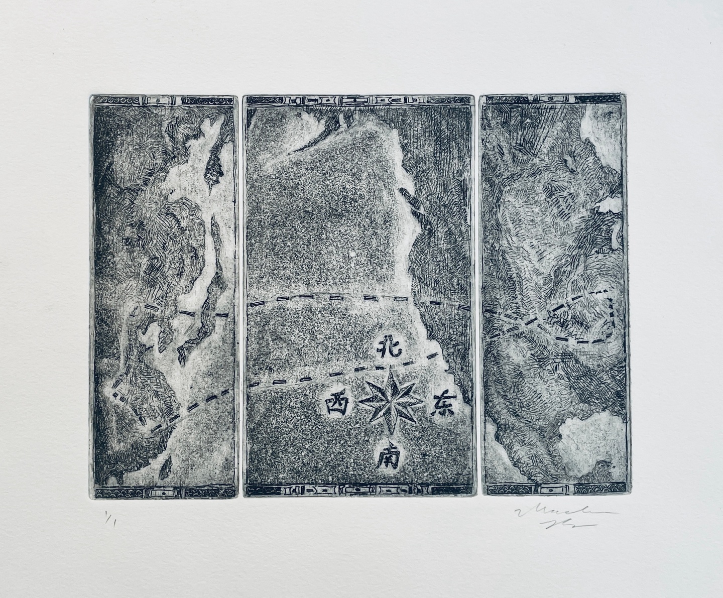 Etching of an abstracted map in black and white. 