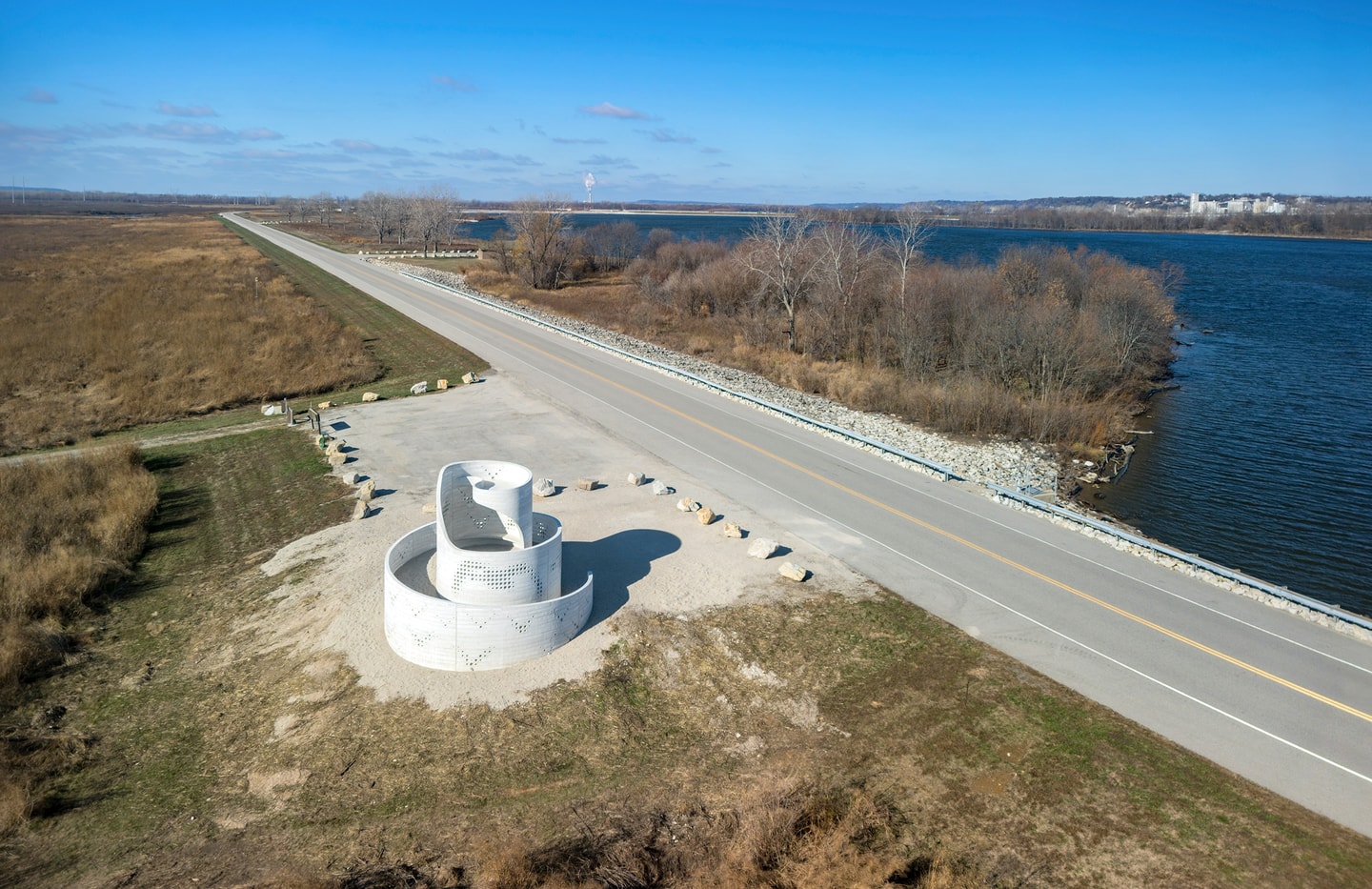 aerial view of large concrete bird blind