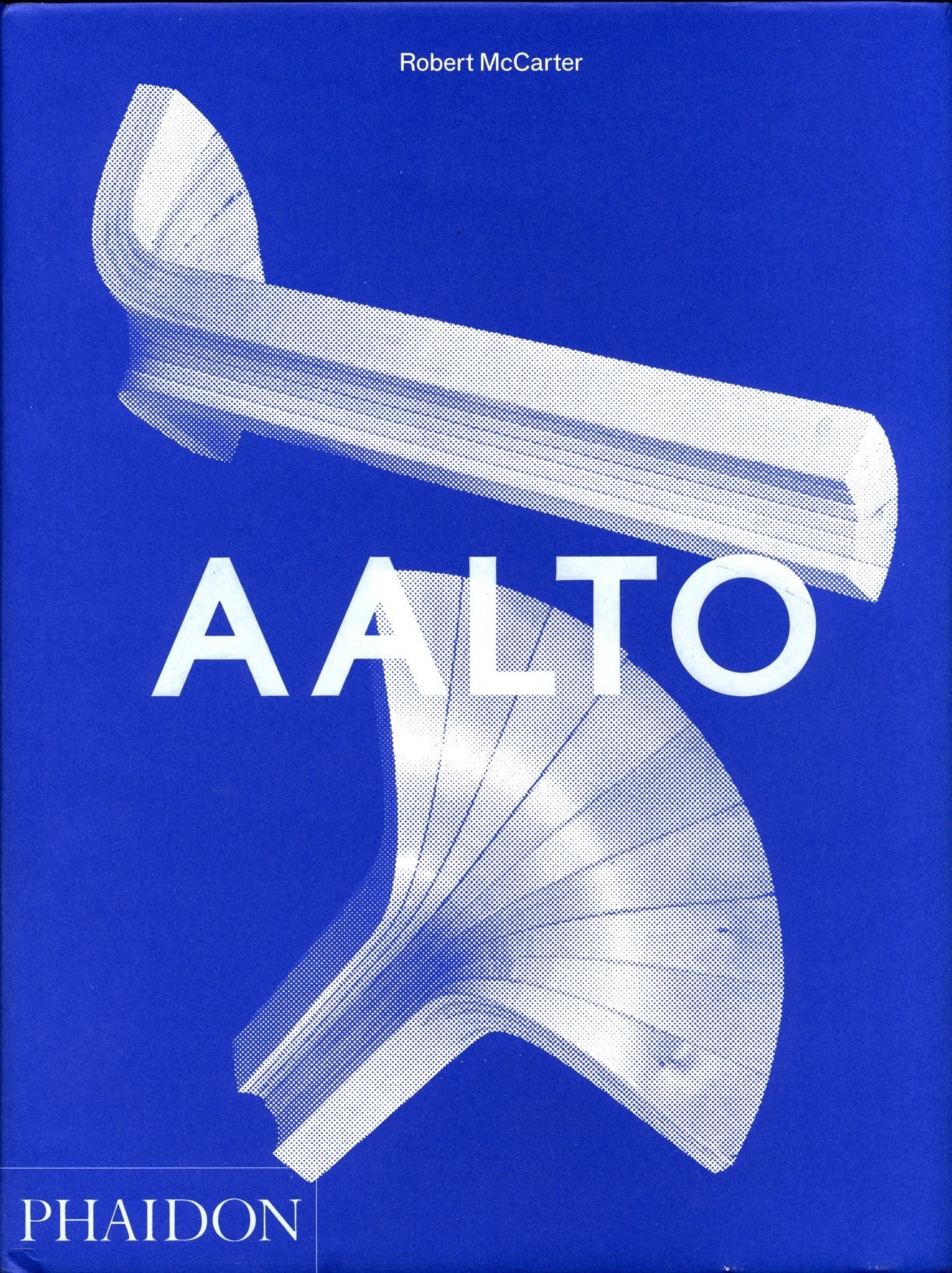 Cover of Aalto, with a bright royal blue background and white type plus two white objects with curved surfaces.