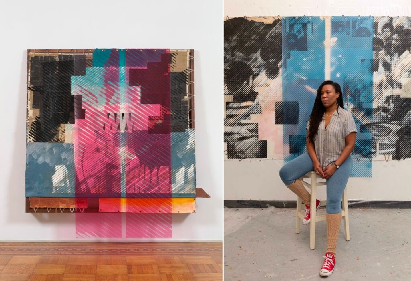 At right is a portrait of artist Tomashi Jackson by Dan Watkins. At left is “Blessed Be the Rock (1920s Dearfield Group, 1970s Ruth Flowers in The Little Rectangle, & the 1972 Second Baptist Church Choir),” 2023.