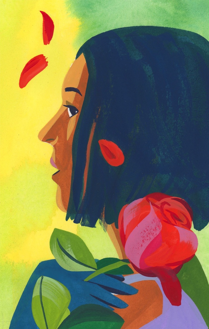 Illustration of an individual with a rose in vibrant tones.