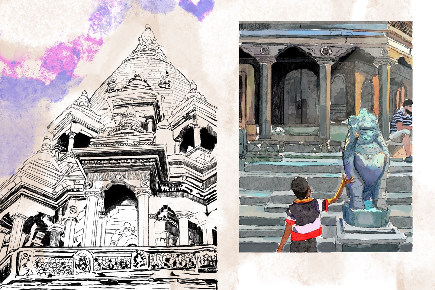Ink and watercolor drawings of a temple against a colorful sky, and a child walking up the steps of a temple touching a stone sculpture of a temple protector.
