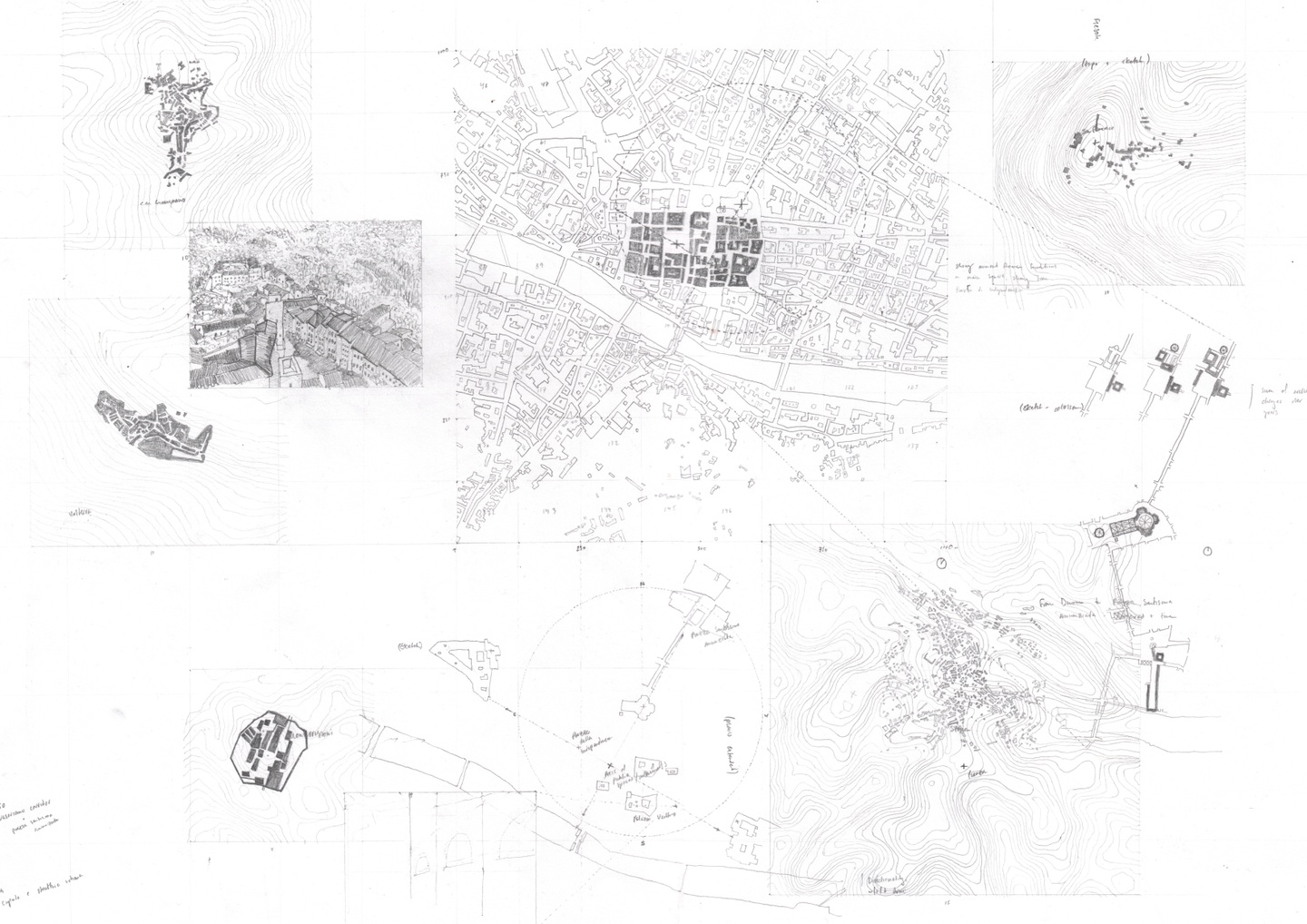 Collage of hand-drawn city plans and topographic maps of Florence, Italy.