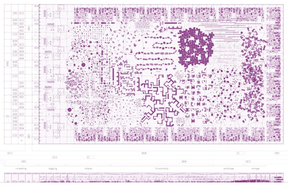 Purple planometric and sectional views of shared storage spaces by Lily Zhang.