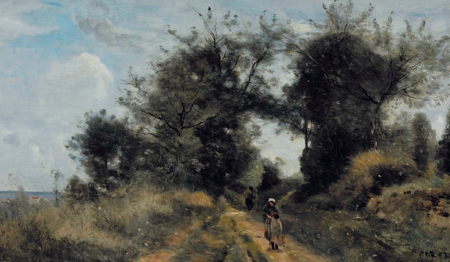 oil painting of a figure walking along a dirt road with trees