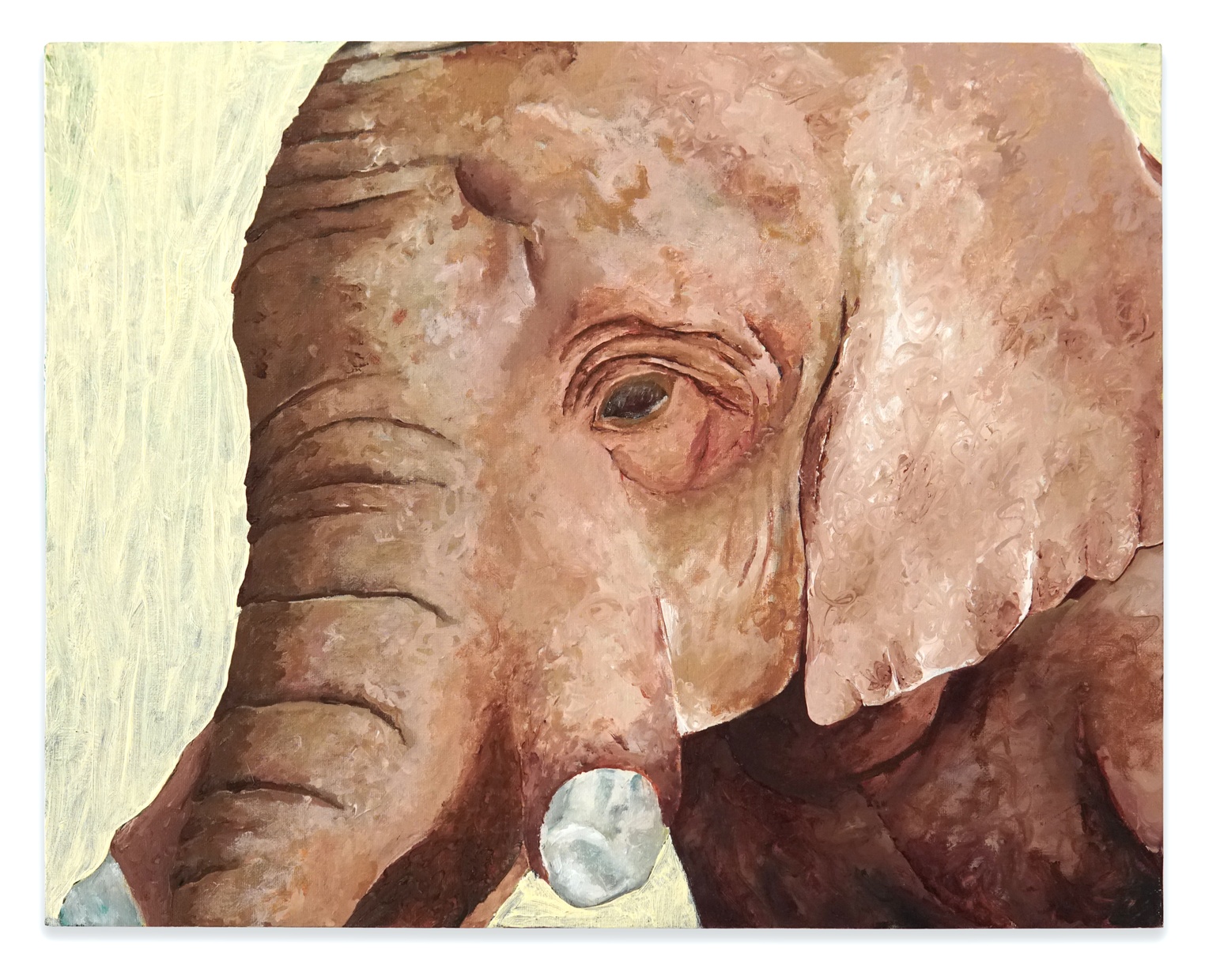 A close-up painting of an elephant's head with broken tusks on a light yellow background.