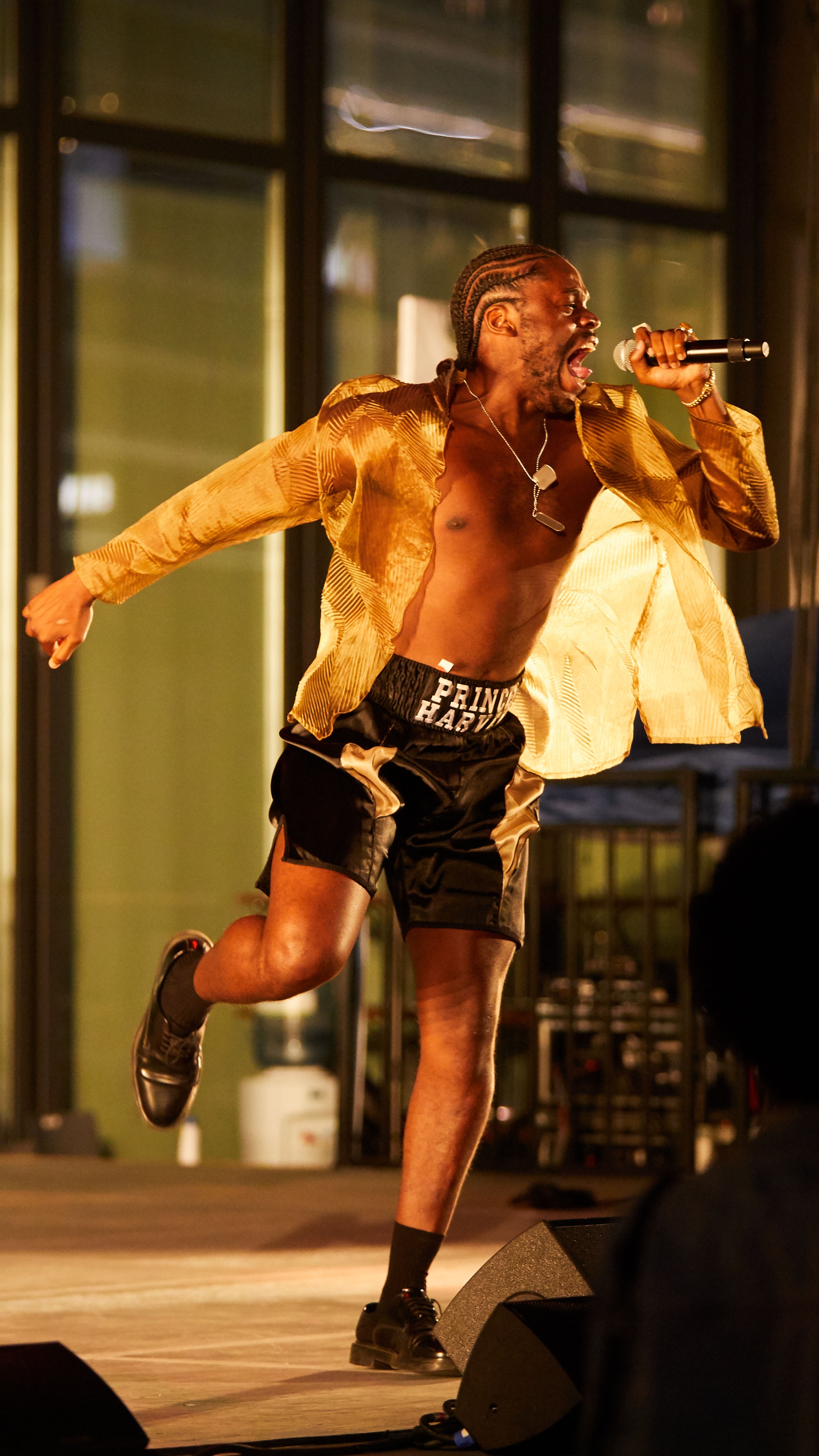 Man singing into mic on dramatically lit stage.