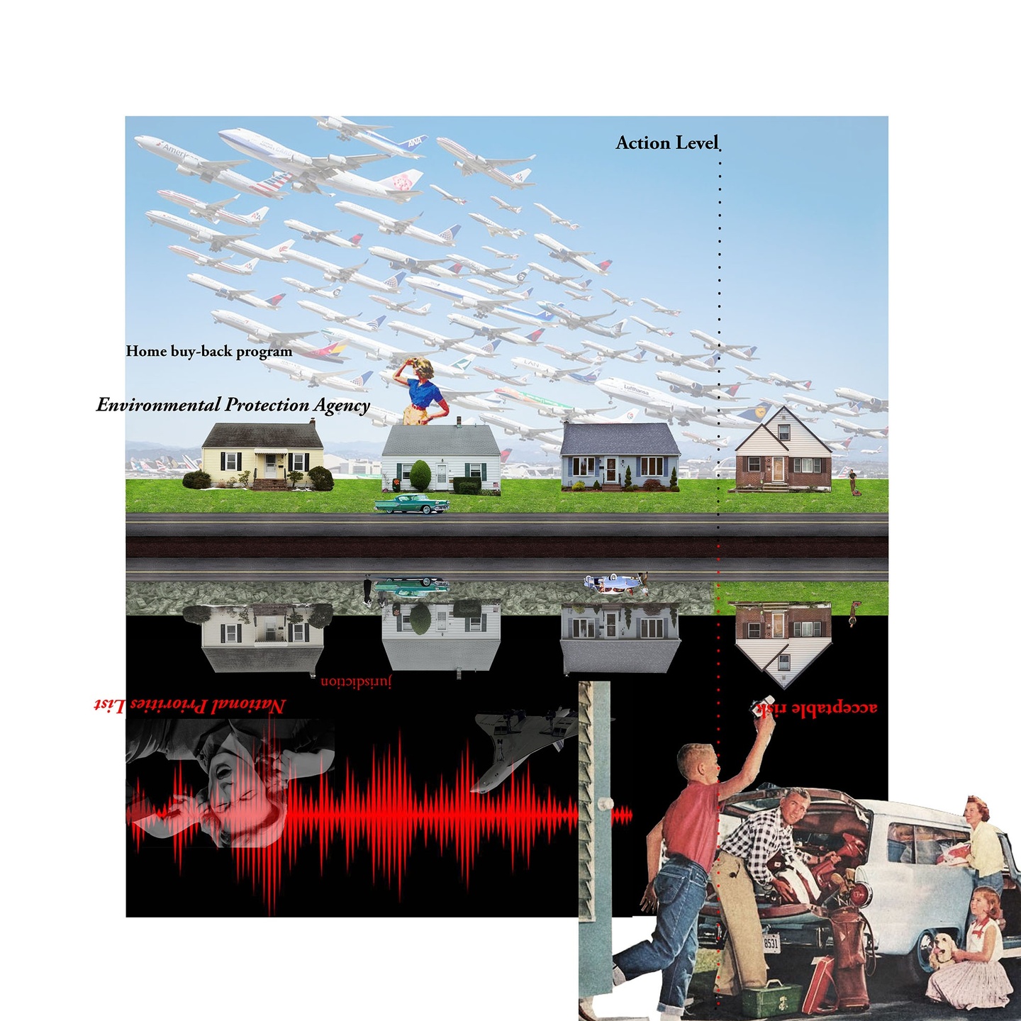 Collage of suburban houses and airplanes soaring into the sky with the label Home buy-back program Environmental Protection Agency. Underneath we see a mirrored depressing depiction with the words National Priorities List and Jurisdiction