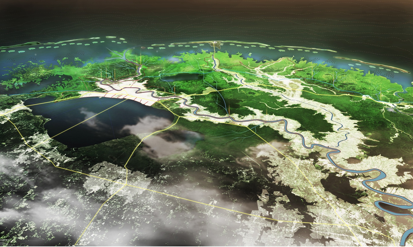 Rendering of a view from space of the Mississippi delta with graphic overlays marking the river path and developed areas.