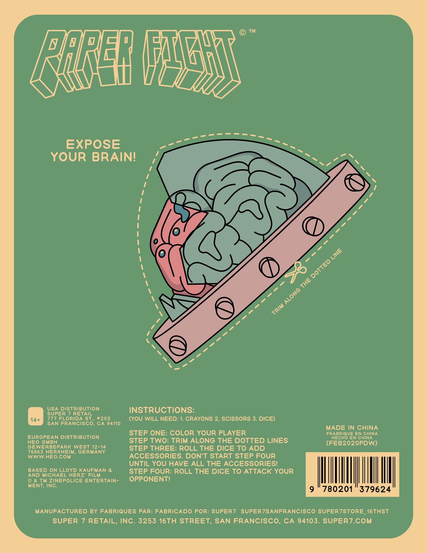 Back cover of Paper Fight - green background with an illustrated brain in a jar with dotted lines to trim out, exclaiming "Expose your brain!"