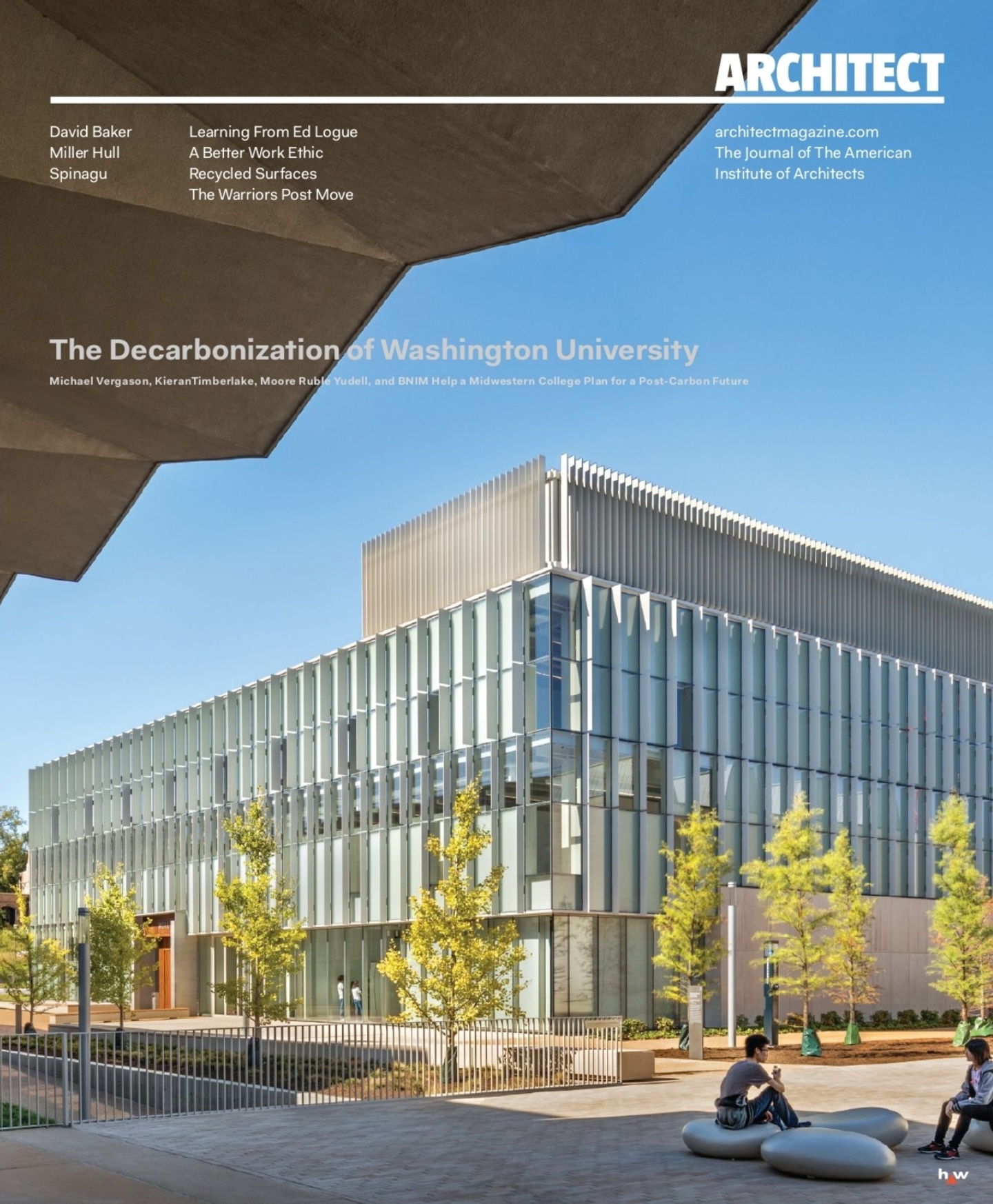 Cover of Architect magazine, featuring a full page photo from an outdoor plaza, looking out at a new building with a glazed facade of multiple panels, with young trees in front of it. An overhead view of a zig-zag roofline is at the top left of the photo.