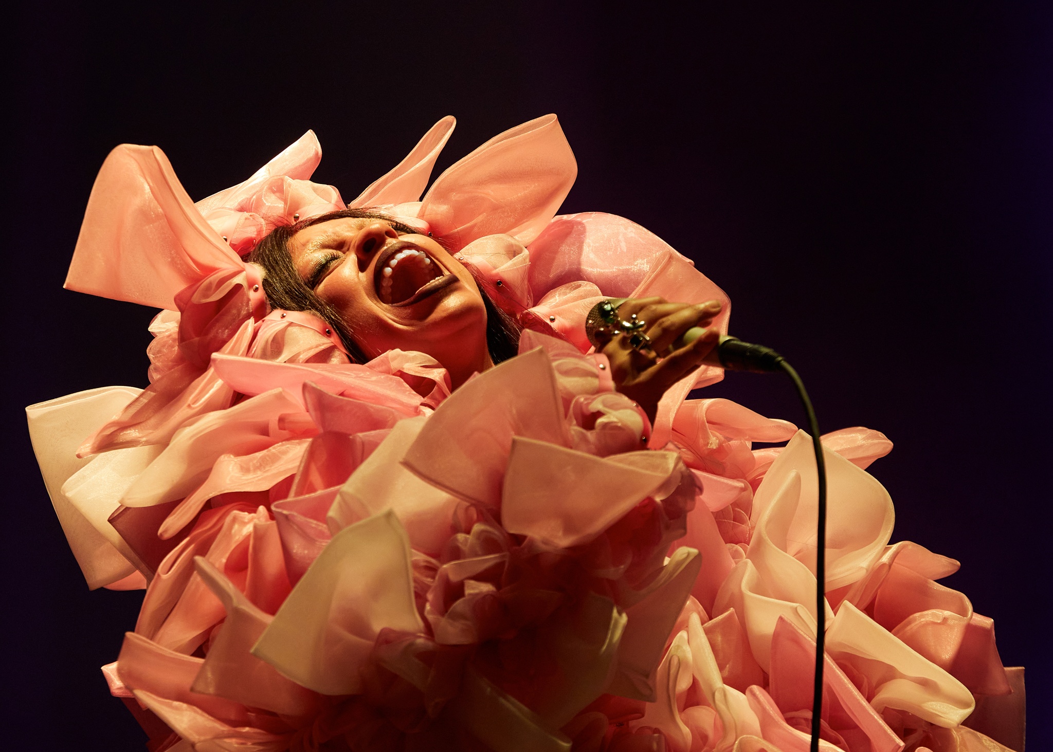 A close-up of a singer performing with their head thrown back, eyes closed, and mouth open into a microphone. The singer is a Black person who wears a puffy, frilly pink dress with a head covering.