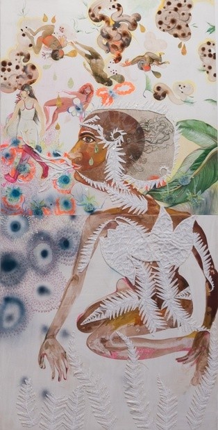 An abstract painting of the profile of a dark-skinned person covered in white ferns sitting by green leaves with small, nude bodies of various colors floating above the figure.