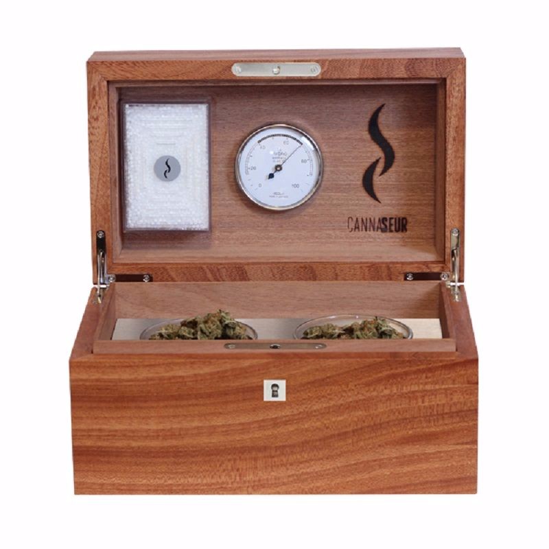 Photo of CANNASEUR® One Weed Container – Mahogany with Two Glasses and a Lock
